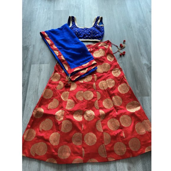 NEW Lehenga Choli - Red, Royal Blue, Gold, Foil Print, M/L - Picture 1 of 5